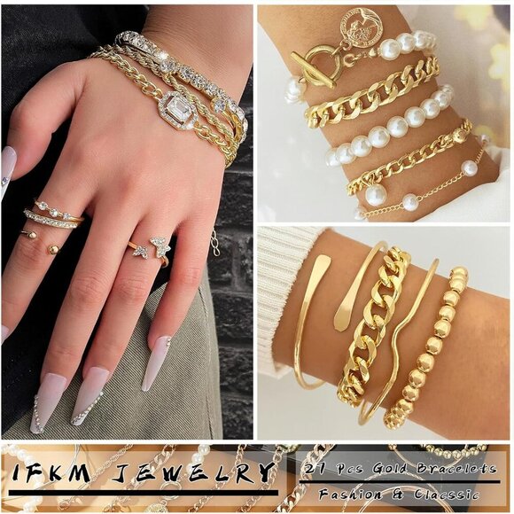 6 PACK 24 PCS Boho Gold Chain Bracelets Set for Women, 14K Gold Plated Multiple - Picture 2 of 7